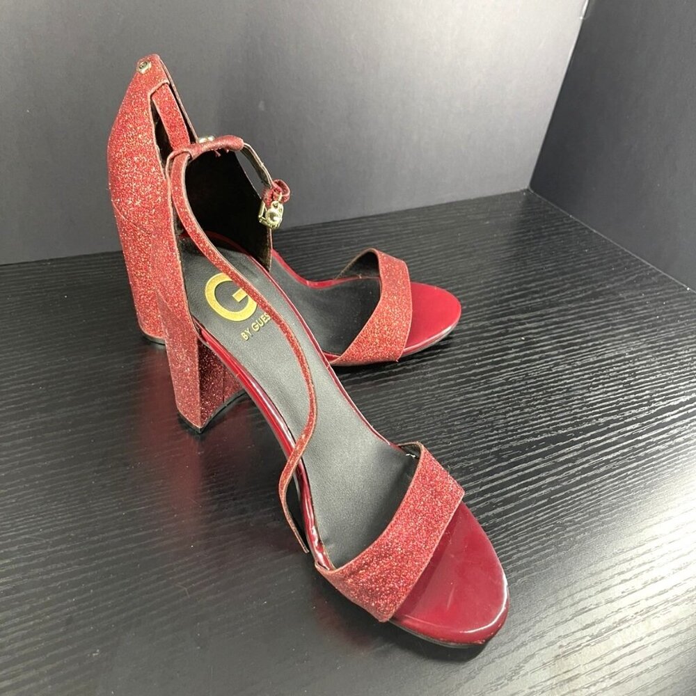 Guess Womens Red Glitter Block Heel Sandals Size 8.5 Ankle Strap Open Toe - Picture 2 of 8